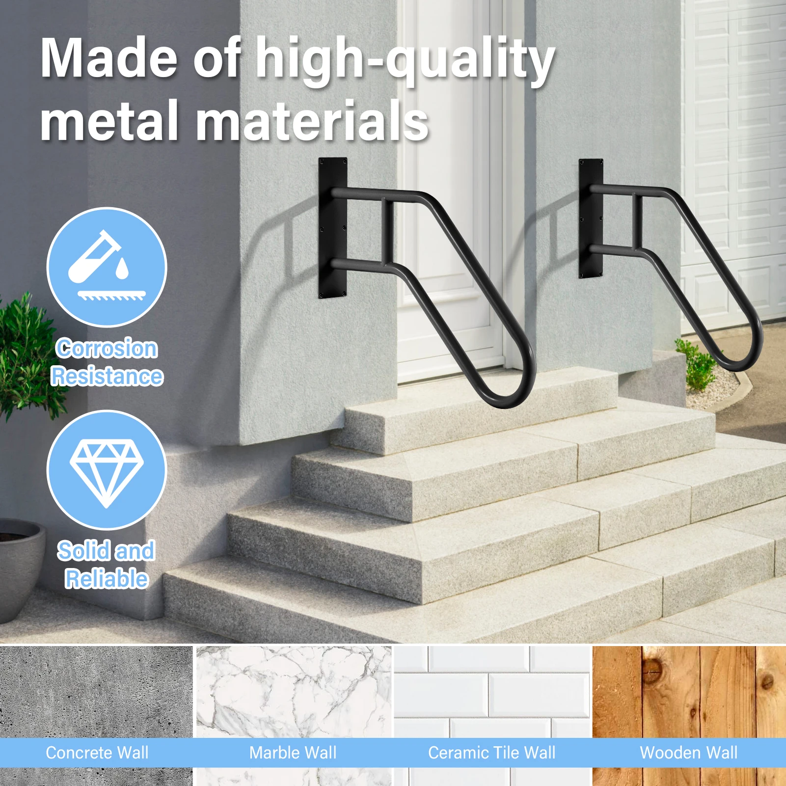 Sturdy Metal Handrails for 1-3 Steps, 2-Pack U-Shaped Grab Bars for Porch, Deck - Weatherproof Wall-Mounted Safety Rails