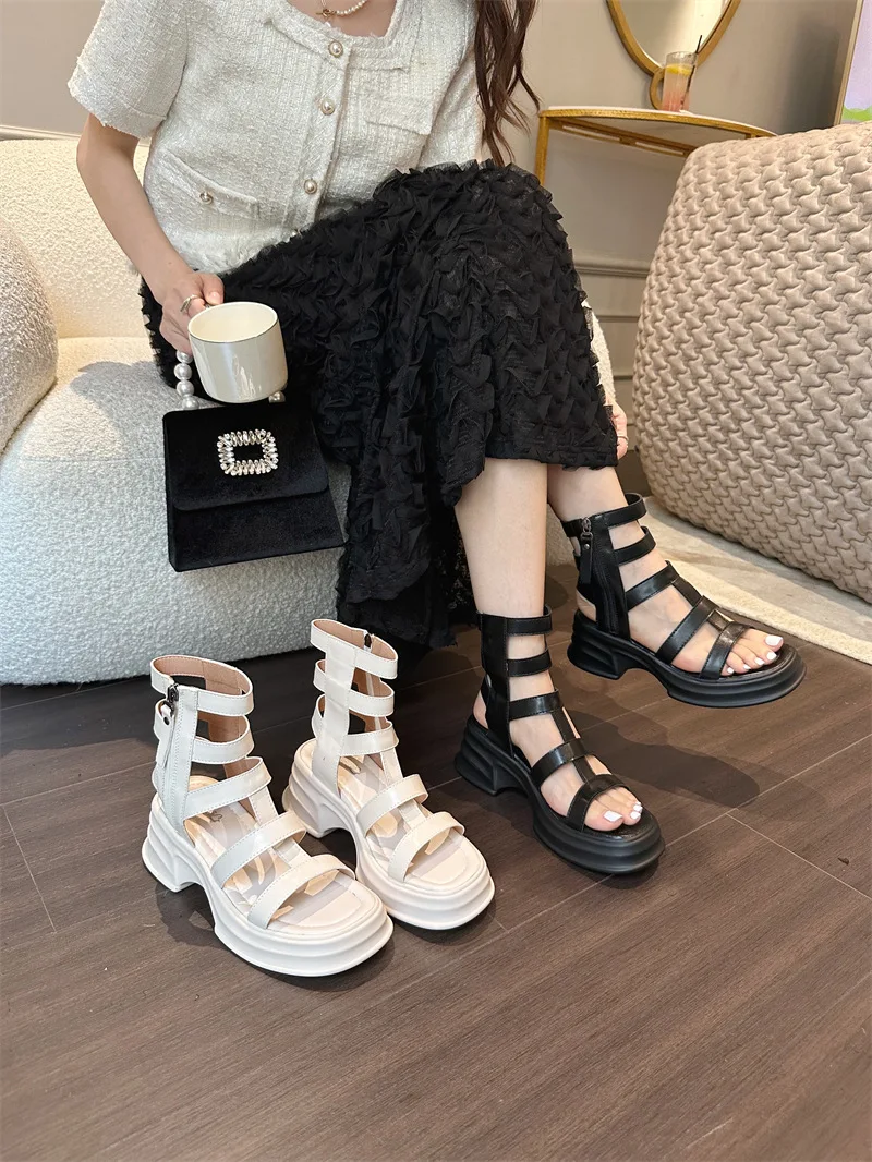 

Women's Mid Calf Boots Zipper Shoes Boots-Women 2024 Summer Sandals Low Lolita Ladies Rome Flock Square Toe Solid Scandals PU M