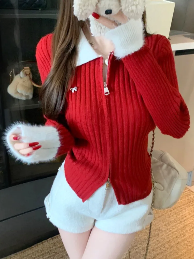 

Sweet Style Neck Knitted Cardigan Women's Autumn Winter Red Double Zipper Slimming Top Knot Long Sleeve Knitwear