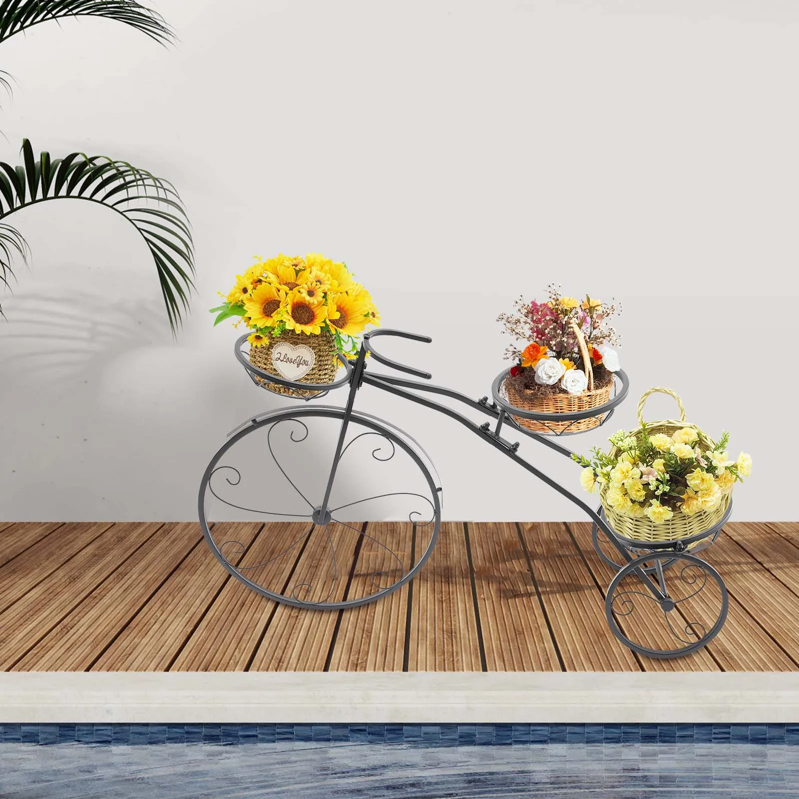 

Modern 3-Tier Flower Stand Black - Tall Corner Plant Shelf with 3 Hanging Baskets, Plant Holder for Indoor Outdoor Garden Decor