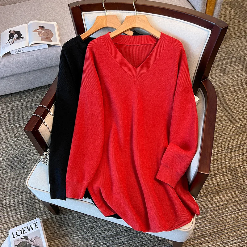 

Plus Size Women's Bust 160 Autumn Winter Loose Medium Length Thickened Knitted Sweater Black Red 5XL 6XL 7XL 8XL 9XL 10XL 170Kg