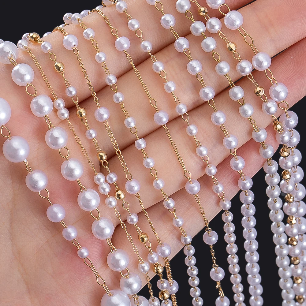 1M Stylish Multi-Style Copper Metal Chain Imitation Pearls Beads Gold Color Chain For DIY Necklace Bracelet Handbag chain Making view 2