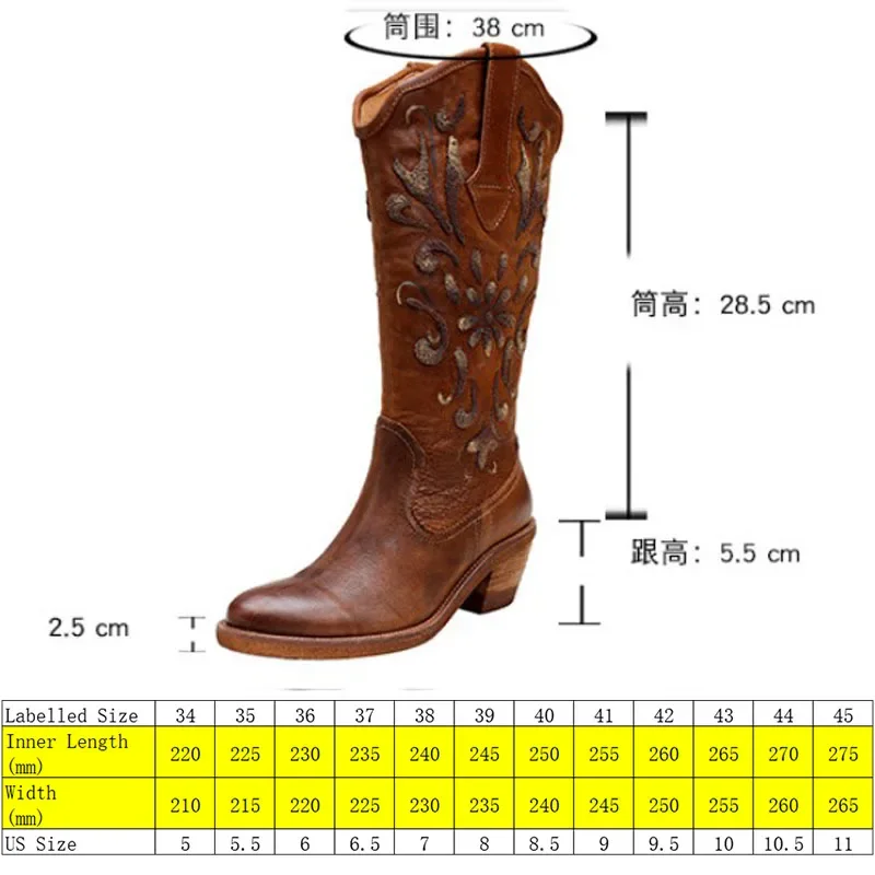 Koznoy 5.5cm Sewing Genuine Leather Ankle Knee High Woman Fashion Slip on Knee High Boots Cowboy Autumn Spring Western Shoes