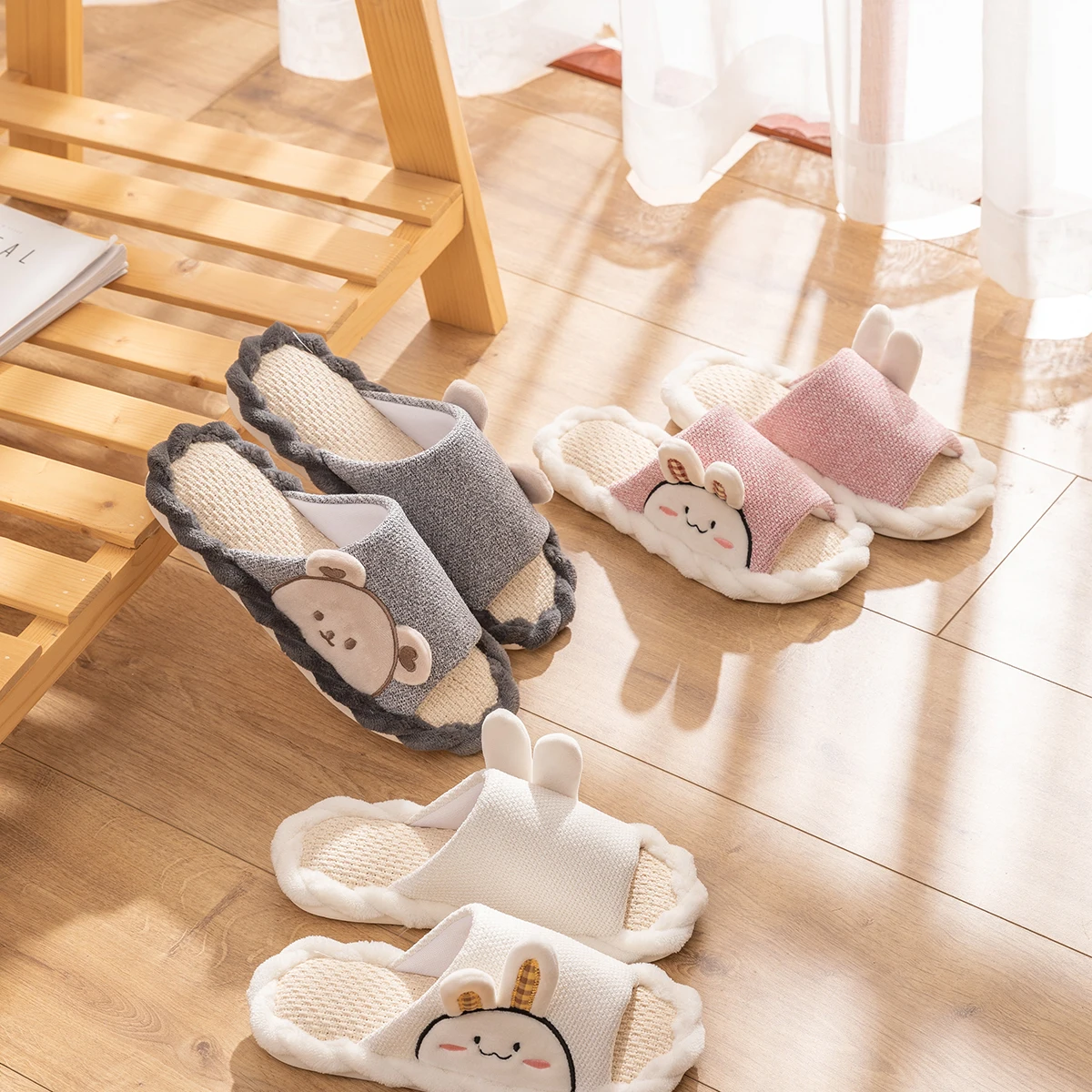 New Cute Cartoon Bunny Bear Cotton Linen House Disposable Wholesale Four Seasons Linen Slippers Cartoon Non Slip Sum