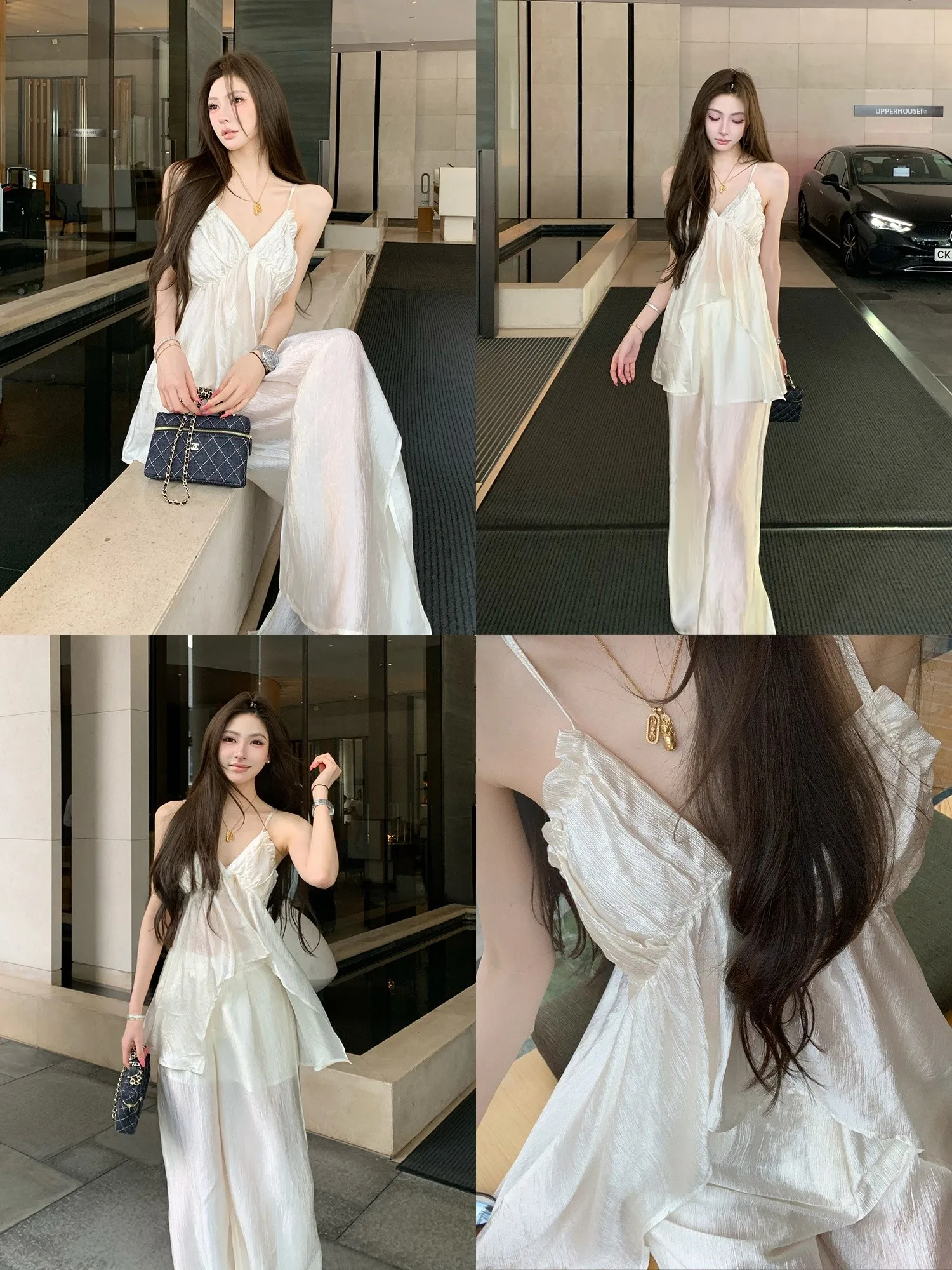 

F PROJECT Spring Texture Acetate Strap Vest Casual Wide Leg Pants Two Piece Set Women's Fashion Spring Outfit