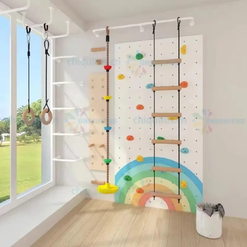 Indoor Climbing Wall and Wooden Ladder Play Set for Kids Home Gym Multifunctional Playground with Rope Net and Peg