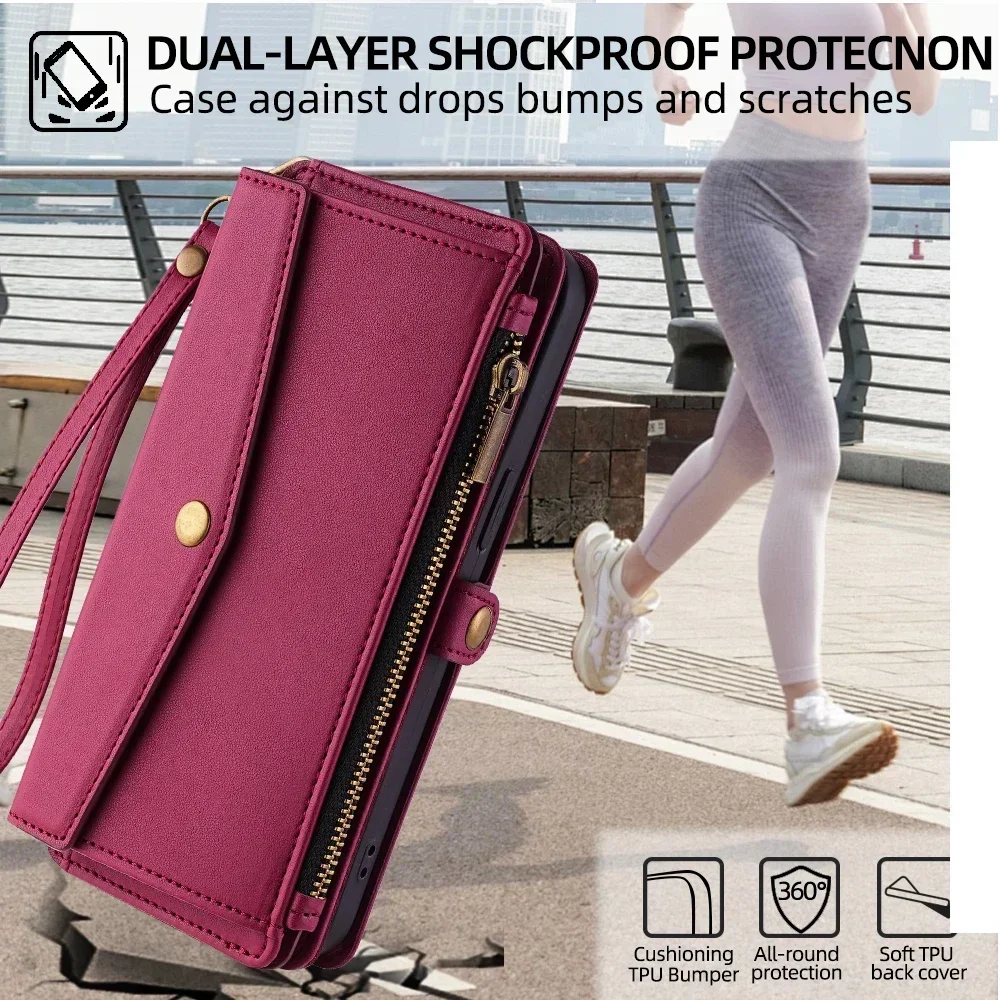 Reißverschluss PU-Leder Brieftasche Buchcover Handyhüllen für iPhone 16 16E 17 Air Pro Plus Max Flip Cover Multifunktionale Berging Bags – Detail 14