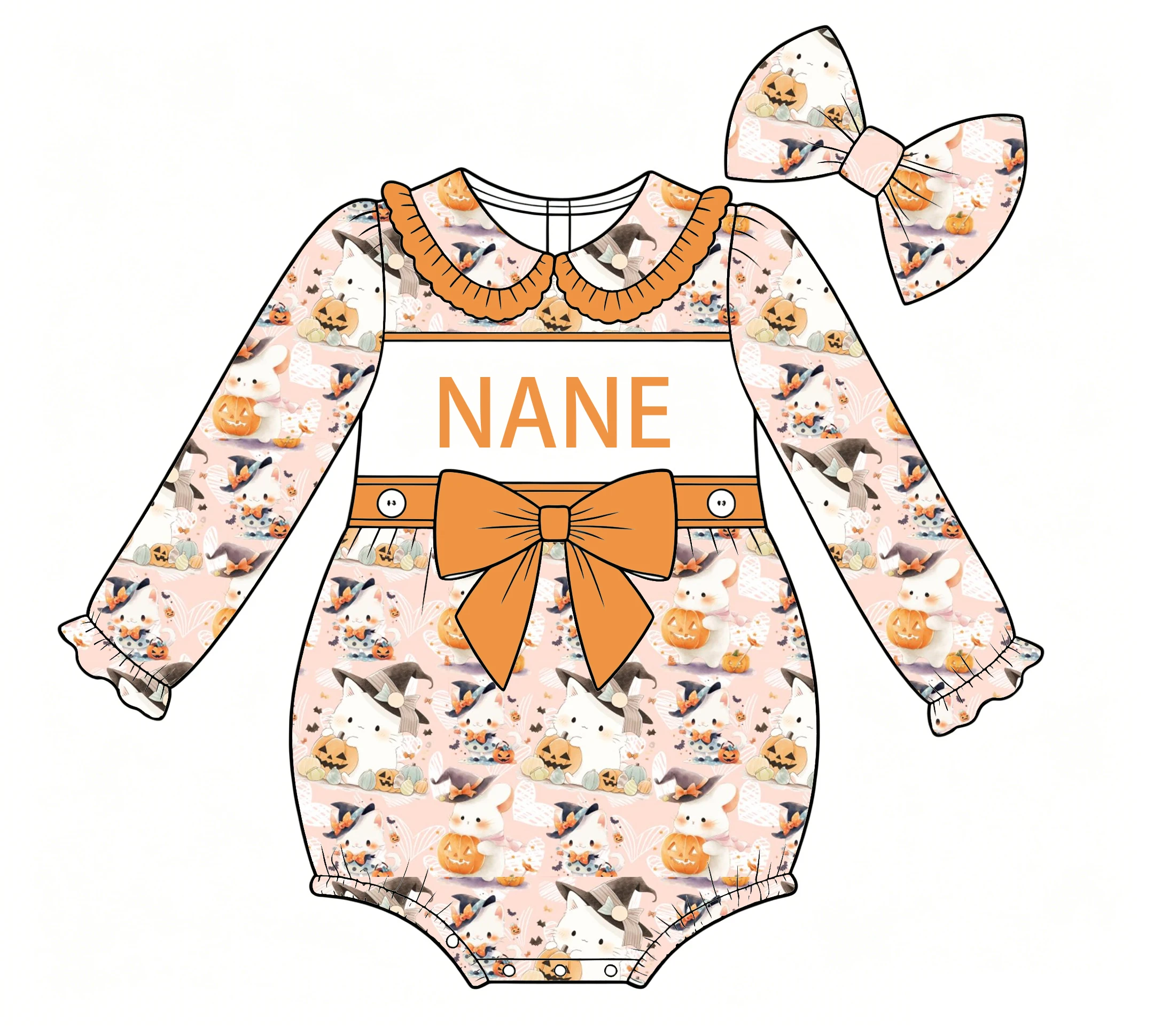 Halloween Toddler Girl Clothes Stretchy Long-Sleeve Romper Large Bow Ghost Pumpkin Print Baby Jumpsuit Custom Name