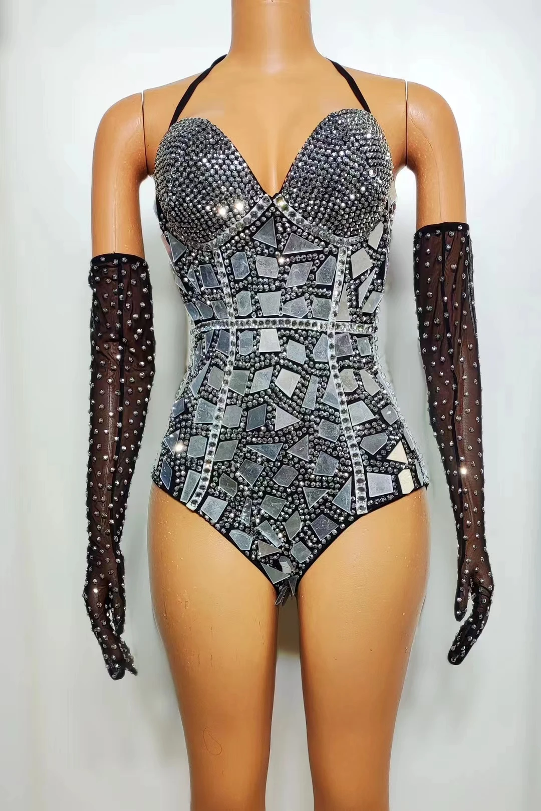 

Sparkly Rhinestones Mirrors Leotard GlovesWomen Sexy Performance Bodysuit DanceCostume Nightclub Singer Dancer Show A532