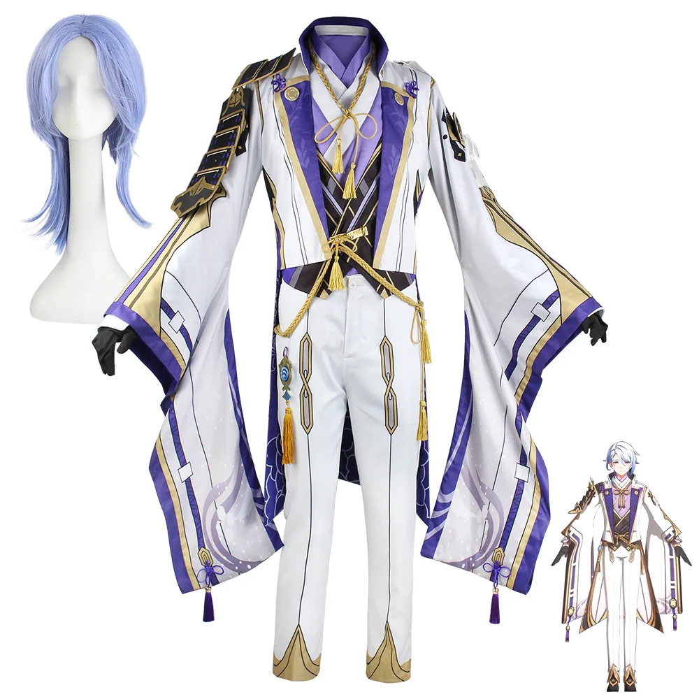 Genshin Impact Kamisato Ayato Cosplay Costume Uniform Wig Anime Halloween Costumes for Men Game