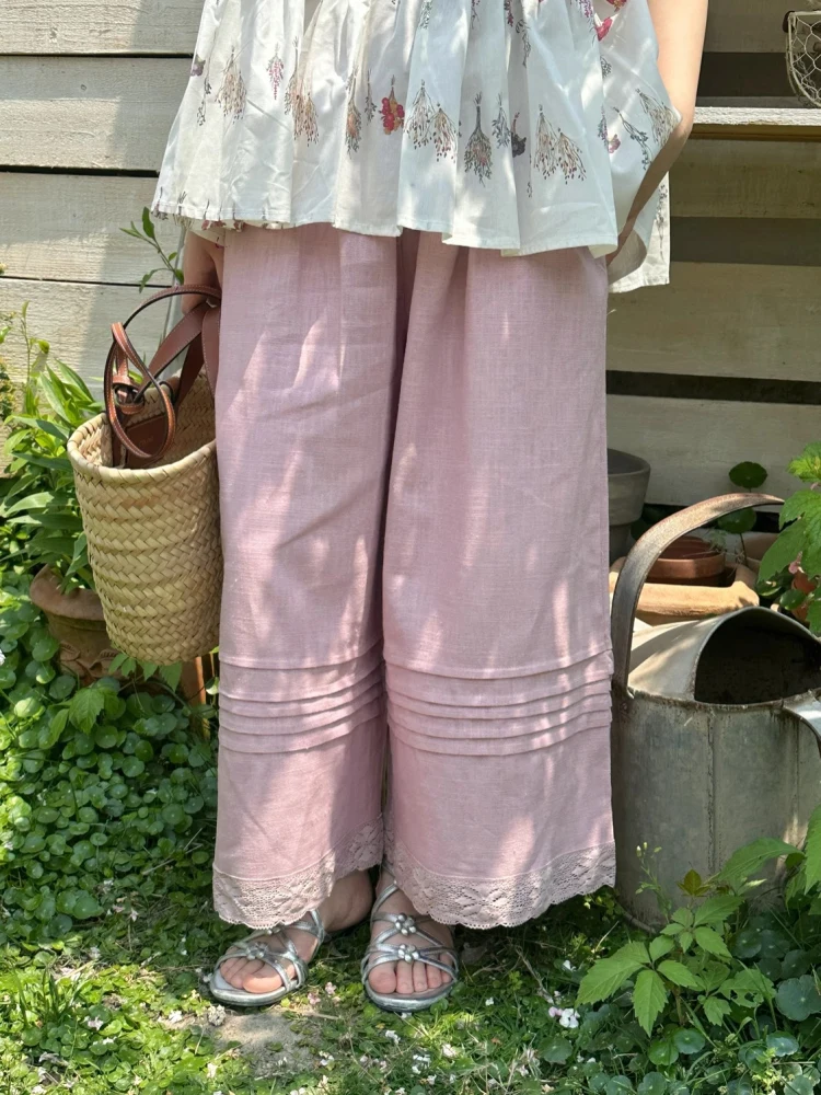 

ReallyWhy High Quali Linen Casual Lace Patchwork Daily Godd Pants Women's Sle Japanese Sle Summer 2025