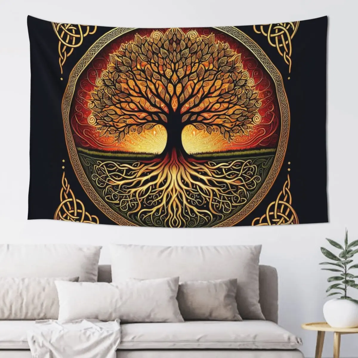 

Tree of Life on Fire Celtic Knots Border Tapestry Outdoor Decor Room Decore Aesthetic Wall Decoration Tapestry