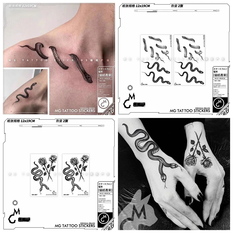 

Dark Snake RoseTemporary Tattoo Stickers Waterproof Back of Clavicle Men Women Personality Art Fake Tattoos Tatuajes Temporales