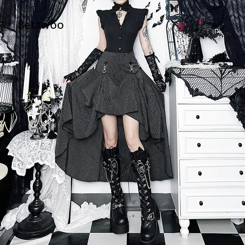 Dark gothic style two ways wear long skirt striped pattern unique street fashion bottom irregular cut design for daily wear