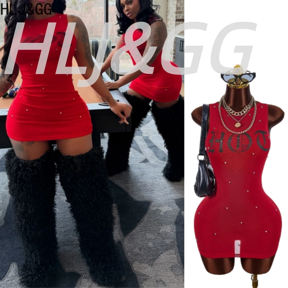 

HLJ&GG Fashion Letter Print Rivet Bodycon Mini Dresses Women Round Neck Sleeveless Slim Vestidos Sexy Elastic Clothing Dress