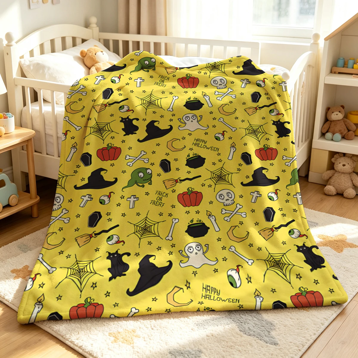 Yellow Witch Monster Cat Winter Summer Flannel Blanket Throw Fleece Soft Fuzzy Plush Cozy Fleece Blankets for Sofa Ideal Gifts
