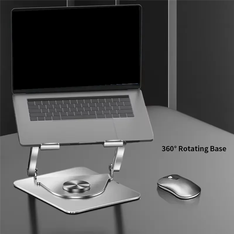 360 °   رافعة كمبيوتر محمول معدنية دوارة مع مروحة تبريد للألعاب، حامل كمبيوتر محمول عالمي بعمود مزدوج، فضي