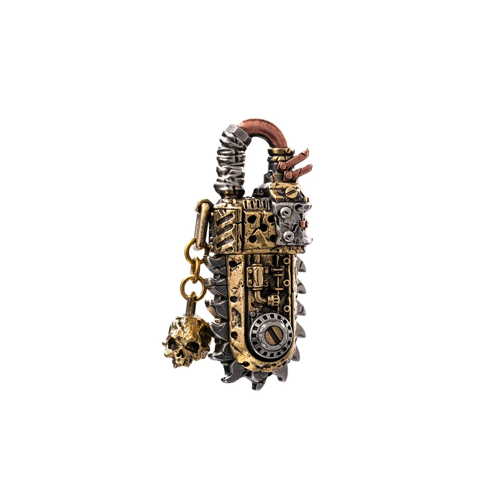 COPPERTIST.WU Rustborn Chainsaw Box Opener Pendant EDC Necklace, Post-Apocalyptic Mechanical Design, Gothic Skull Charm