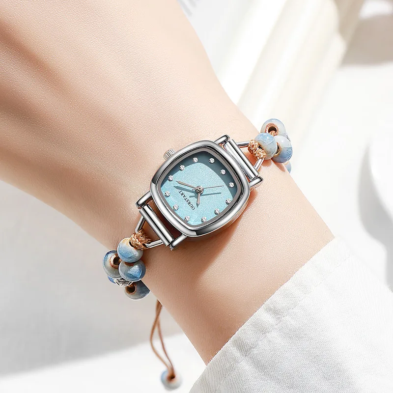 Vintage Artistic Style Women's Quartz Watch Woven Beaded Ladies Wristwatch Diamond Embellished Pull Strap Elegant Female Watches