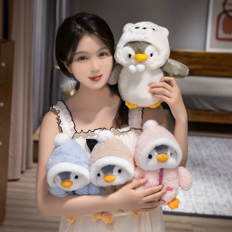 25CM Cute Penguin Wear Winter Clothes Plush Toys Lovely Gray Penguin Wear Polar Bear Cap Stuffed Doll Nice Present