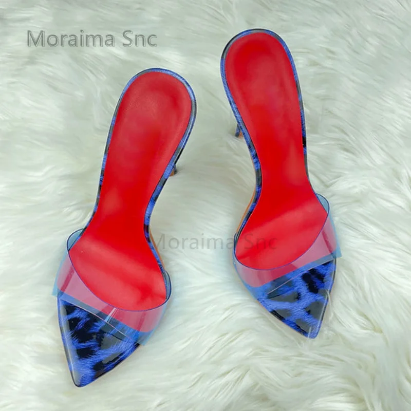 Pantoufles à talons hauts transparents en PVC bleu pour femmes, chaussures d'été pointues Peep Parker, tongs pour dames, piste, sandales pour femmes