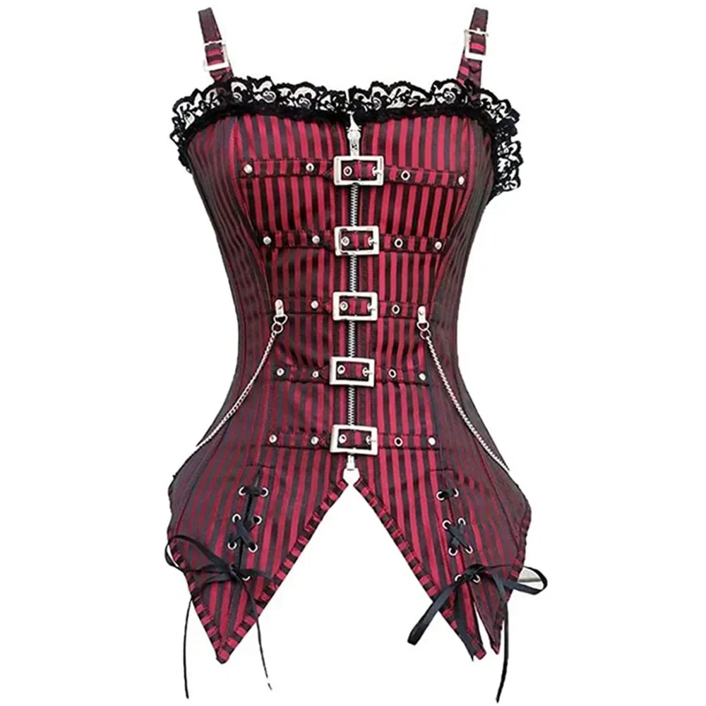 Corsé de Overbust gótico para mujer, corpiño Sexy a rayas con cremallera y hebilla Steampunk, Top, chaleco, ropa de estilo Punk Rock