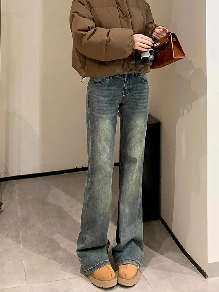 

Джинсы-колокольчики с высокой талией в стиле ретро, женские эластичные джинсовые брюки из выцветшего хлопка для похудения, осенние новые брюки больших размеров