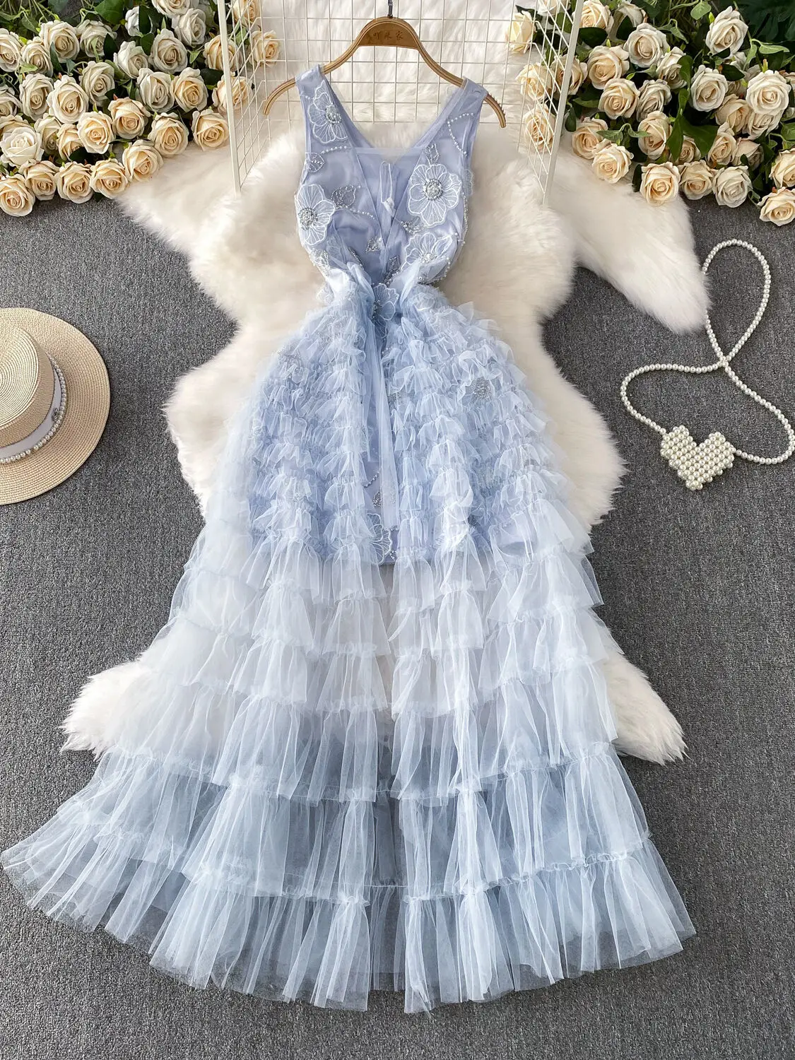 

Crystal Formal Evening Dress Luxury Women's Runway Design Ruffle Fairy Princess Cake Dresses Lady Pearl Bead Long Vestidos Party