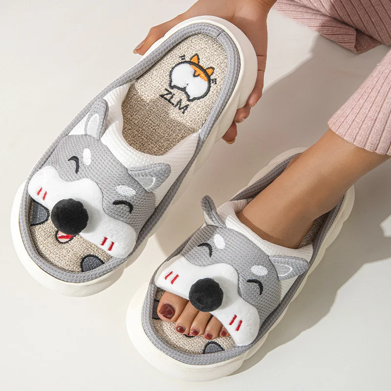 Linen Platform Slippers Women Home Cute Cartoon Dog Designer Shoes Girls Fashion Casual House Slipper Ladies Elegant Open Toe