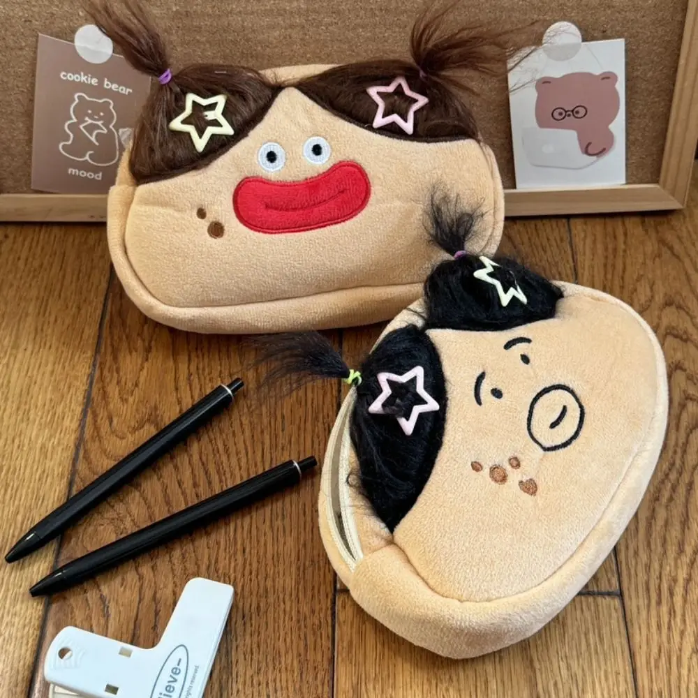 

Large Capacity Cartoon Face Pencil Bag Cute Facial Expression Long Hair Plush Pencil Case Desk Organizer Kawaii Funny Makeup Bag