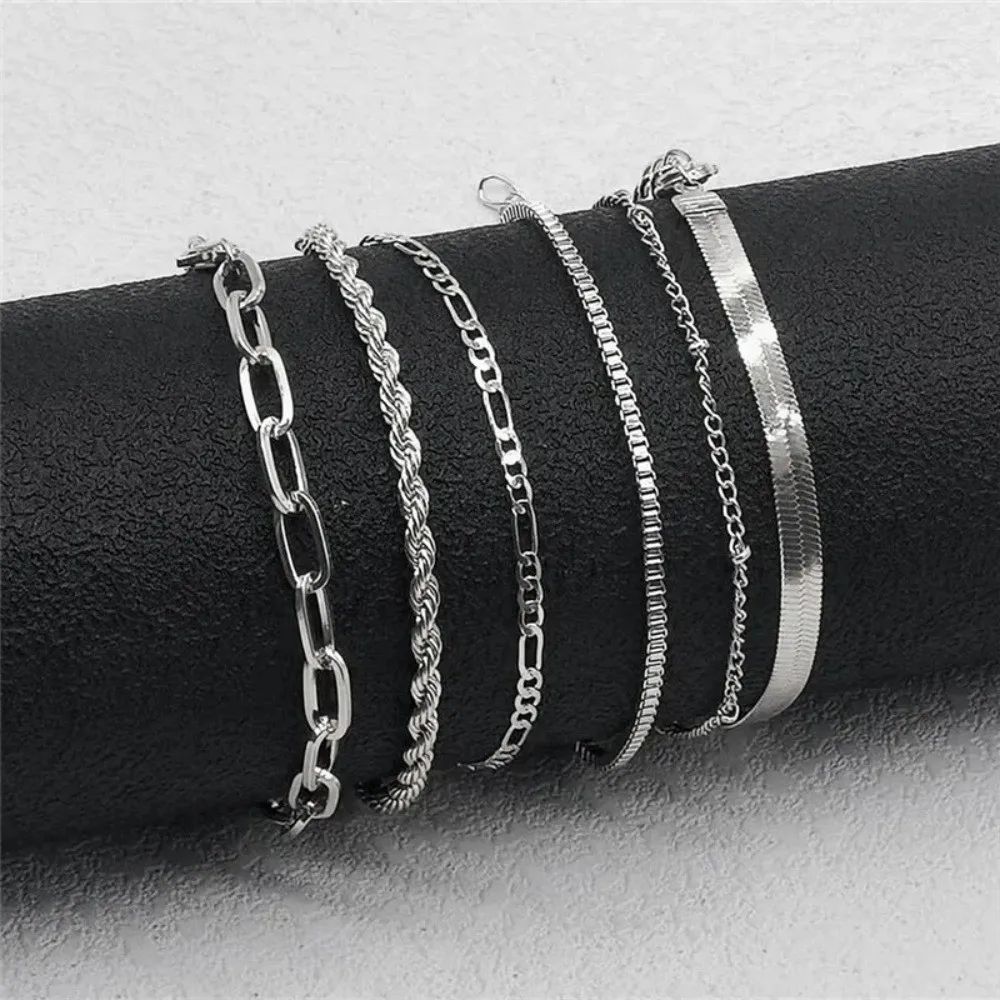 5/6Pcs New Multi-layer Cuban Chain Bracelets Bohemian Gold Color Chain Bracelet Set Stackable Metal Chain Bangles Jewelry