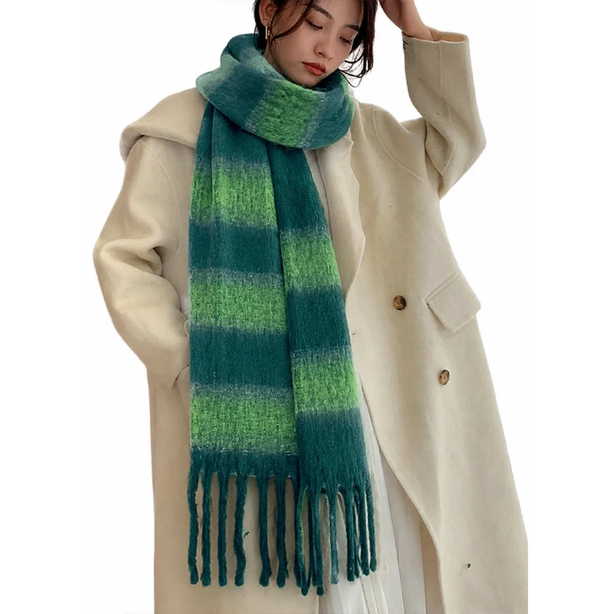Christmas Green Gradient Striped Thick Scarf Winter Women Imitation Cashmere Warm Thick Carpet Scarf Oversized Tassel Shawl