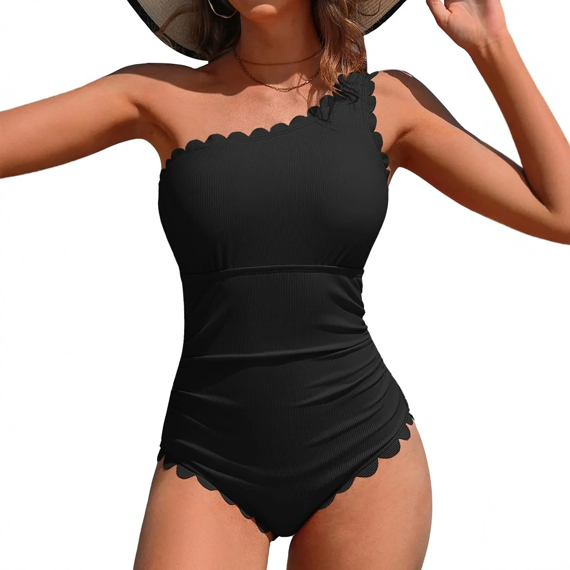 Women's One Piece Solid Color One Shoulder Bikini Tummy Control Slimming Elastic Full Coverage Bathing Suits Sexy Swimsuit Dress
