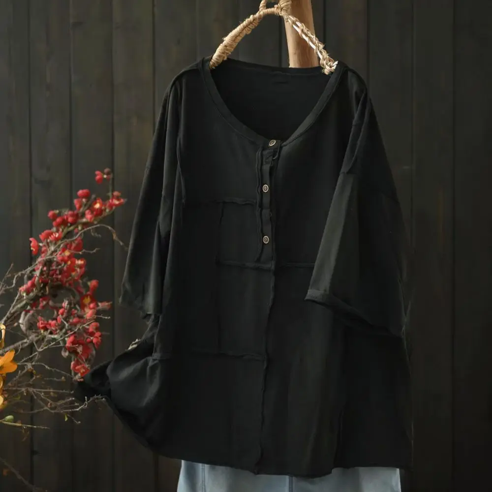 Casual Cotton T Shirt Womens Summer Loose Vintage Patchwork Design Half Button Mid Length Tops Female Blouse