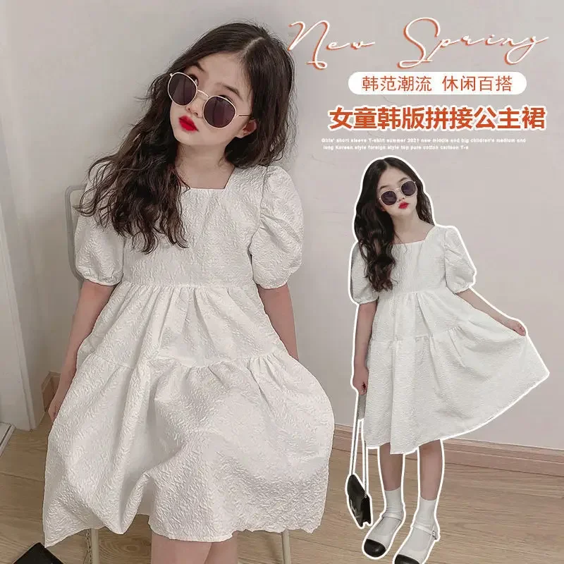 2024 summer princess white dress boat neckline short sleeve backless loose  kids children toddler teen 5 6 8 9 10 11 12 years