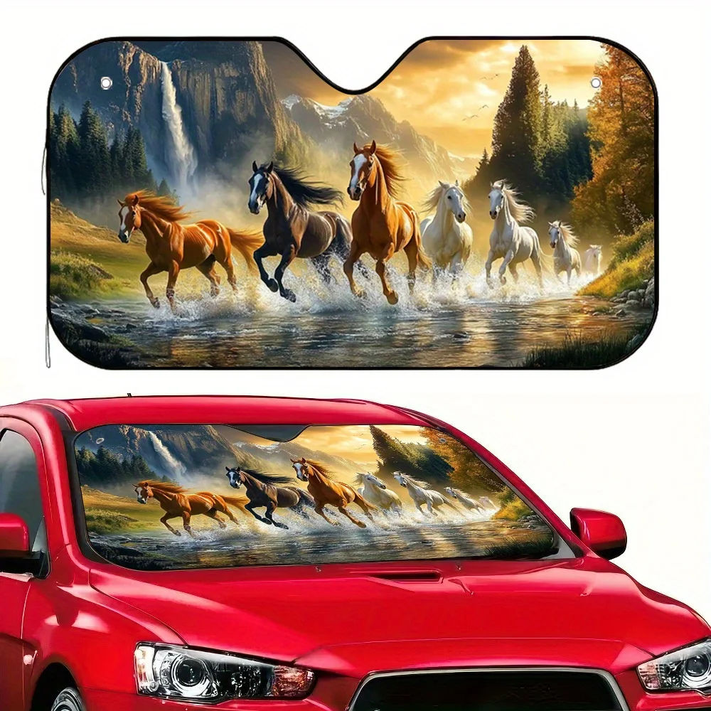 1pc 2D Flat Galloping Horse Car Sunshade – Keeps Your Car Cool, Includes 4 Free Suction Cups, Foldable & Easy To Install, Perfec