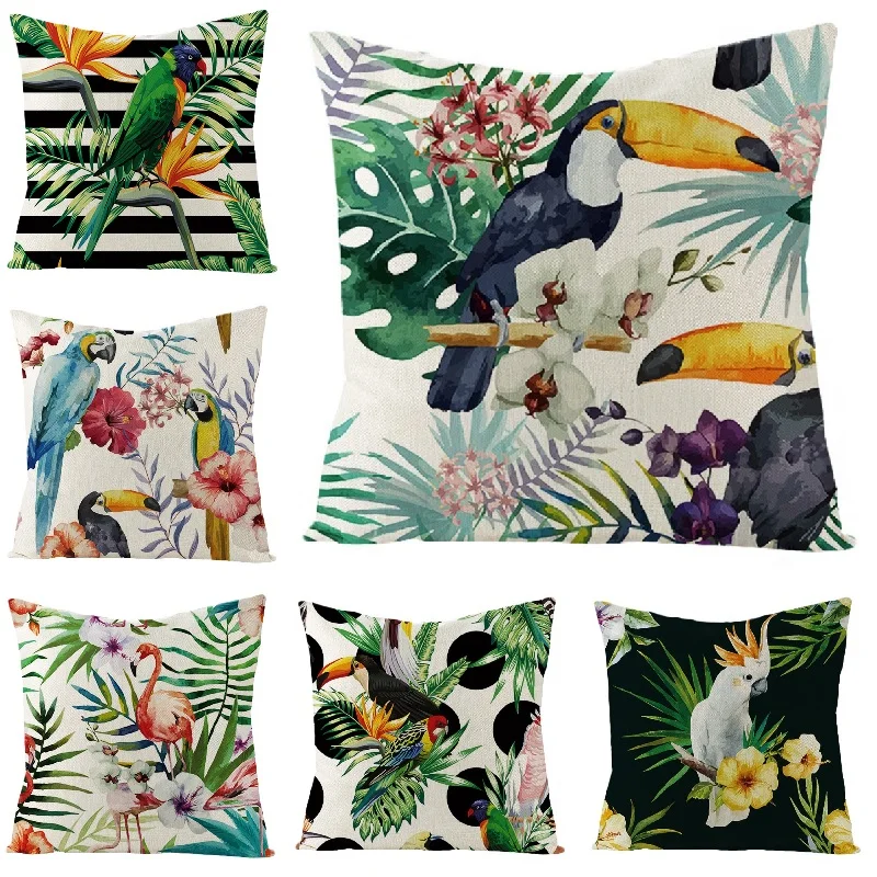 

Tropical Style Cushion Cover Bird Parrot Flamingo Printed Pillow Cover Home Decoration Living Room Sofa Decor Throw Pillows