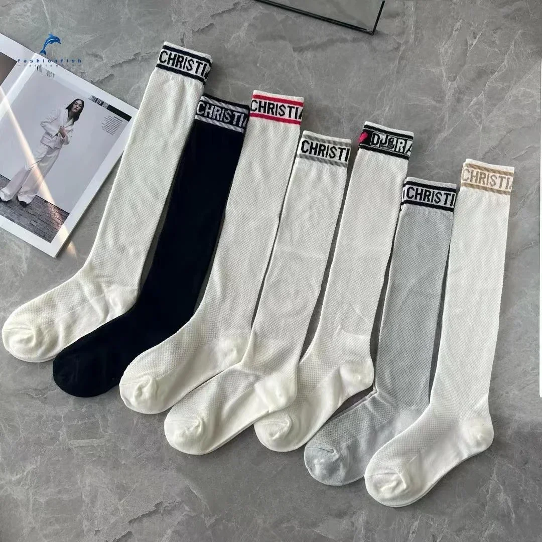 Женские сетчатые носки до середины икры с надписью D, дышащие тонкие носки знаменитостей, же белые, черные пары