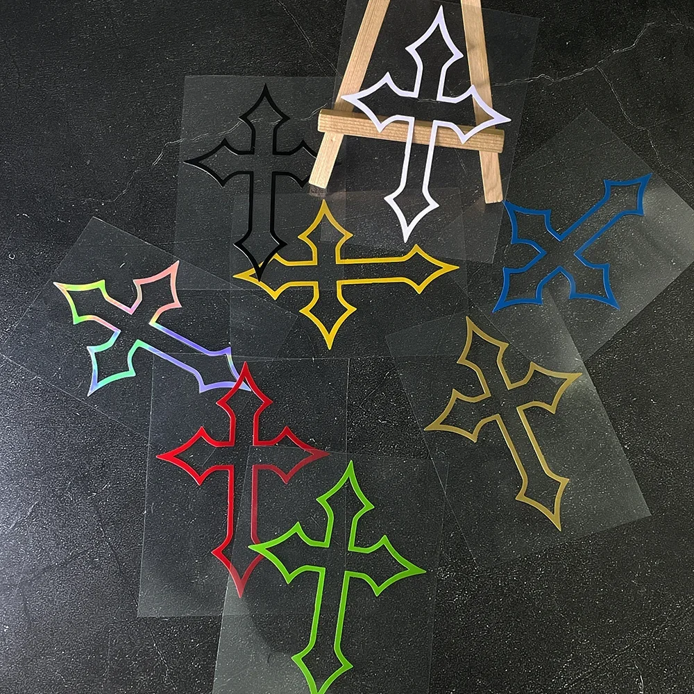 2PCS/SET Multicolor Iridescent Gothic Cross Outline Stickers Waterproof Decals for Car Motorcycle Body Decor