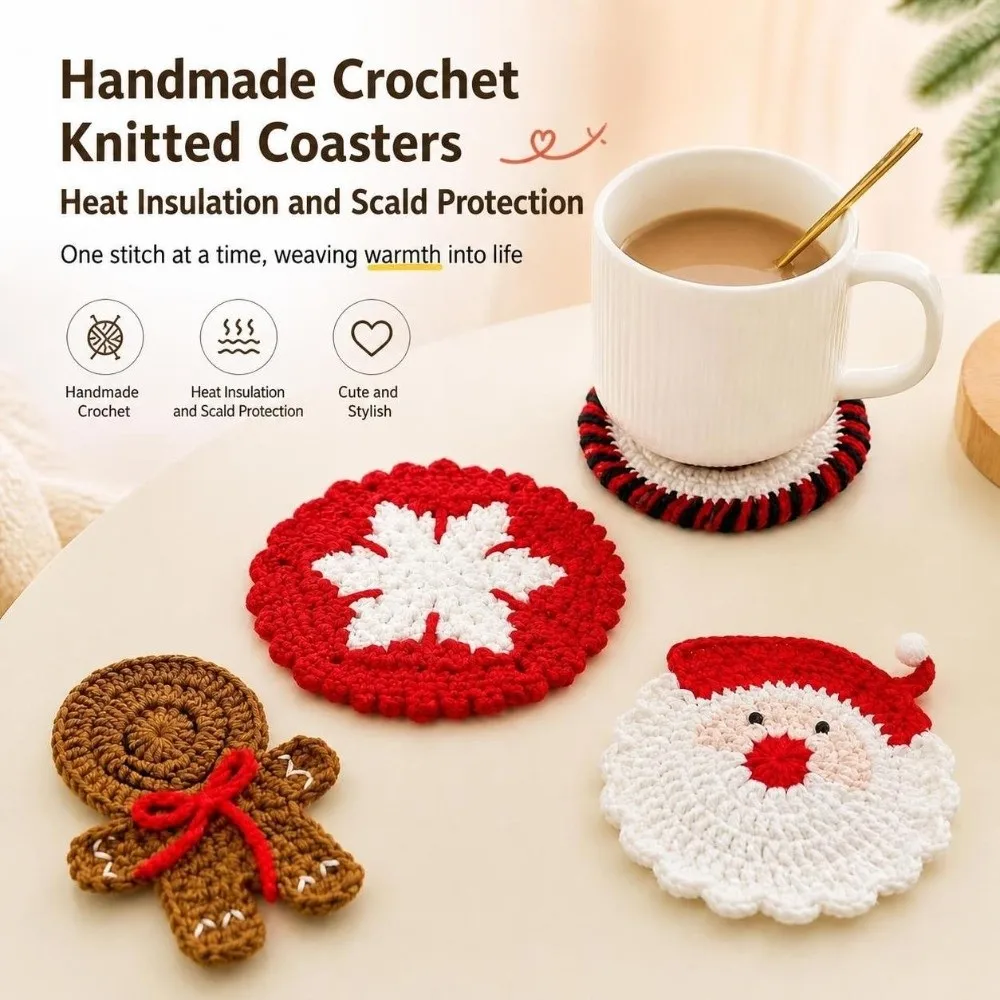 Cute Hand-Knitted Christmas Crochet Coaster Hand Crochet Heat Resistant Mug Pad Cup Mat Home Supplies