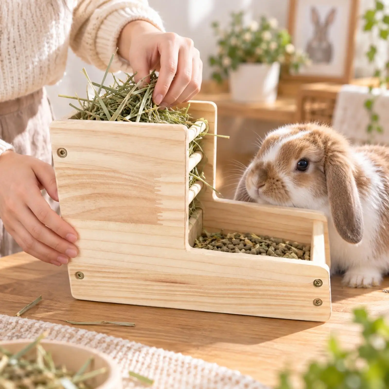 Hay and Combo Feeder Solid Wood Construction for Rabbits Guinea Pigs Small Animal Cage Use
