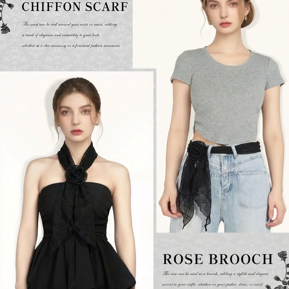 Detachable Rose Flower Women's Chiffon Scarf Lightweight Breathable Neck Kerchief Soft Solid Color Photo-Ready Shawl Neck Wear