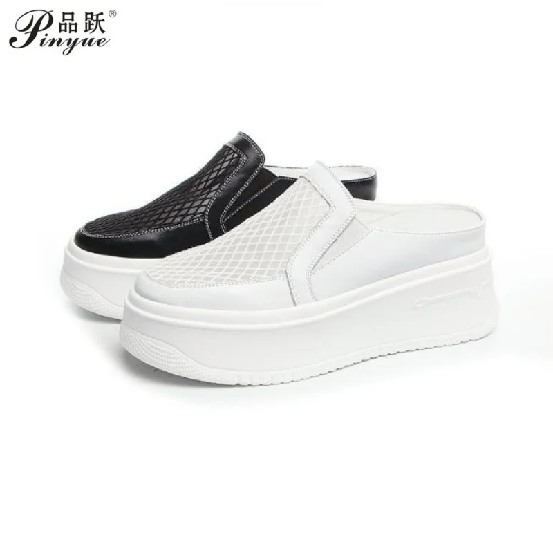 

New Summer Baotou Flat Shoes Women's Fashion Round Toe Shallow Mouth Rhinestone Mesh Breathable Platform Sandals and Slippers