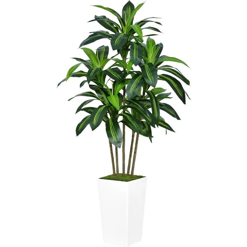 Artificial Dracaena Tree 5FT - Faux Tree with White Tall Planter - Fake Tropical Yucca Floor Plant in Pot - Artificial Silk