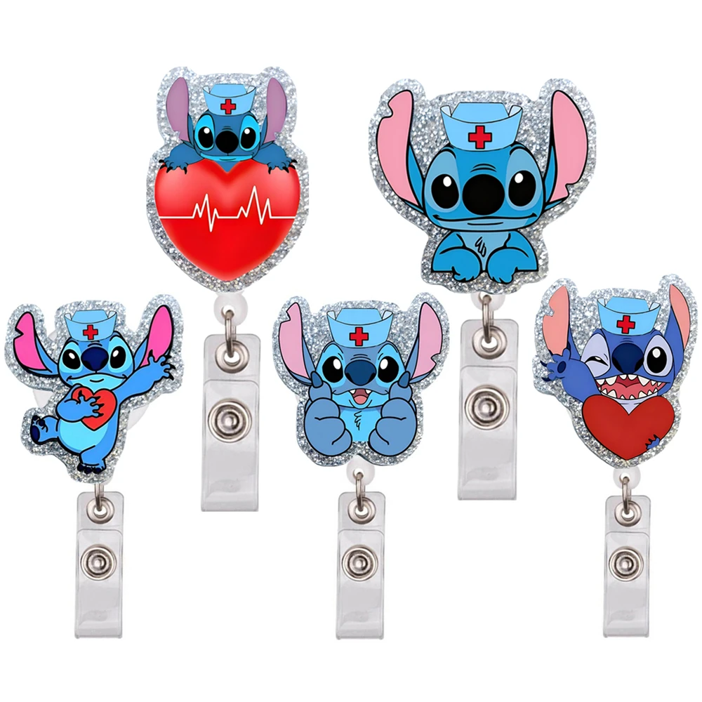 MINISO Hospital Medical Office Workers Nurse Doctor Cartoon Lovely Stitch Heart Badge Reel Clips Brooches Keychain Cards Holders