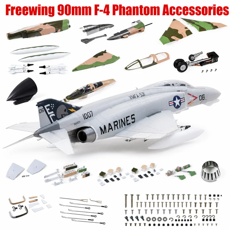 Freewing 90mm F-4 Phantom Accessories Missile Body Main Wings Vertical Tail Flat Tail Nose Cover Cockpit Landing Gear Wheels