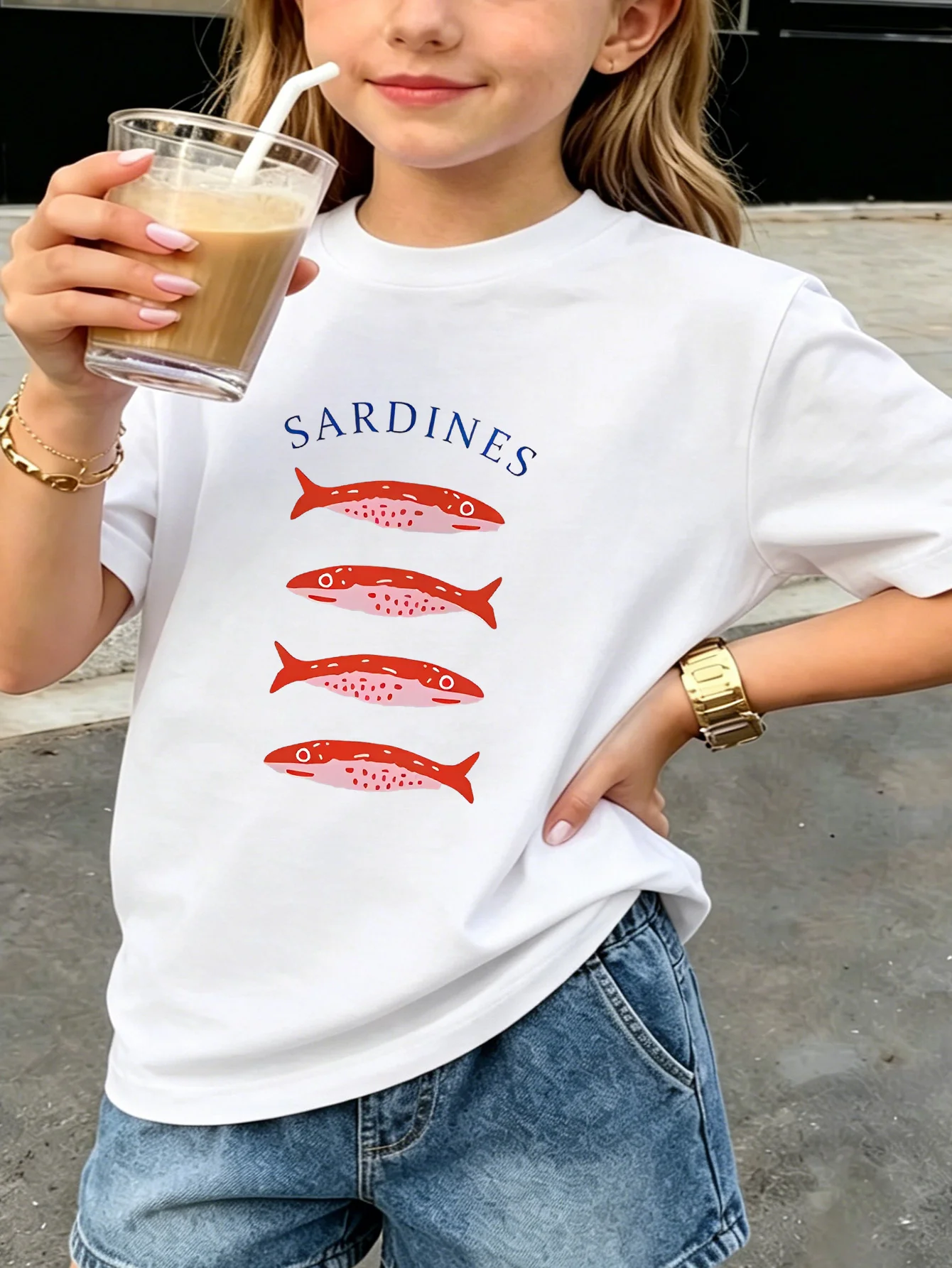 Kids Tee Minimal Vertical Sardine Fish And SARDINES Text Lovely Cartoon Pattern Print Short Sleeve Cotton Children Casual Wear