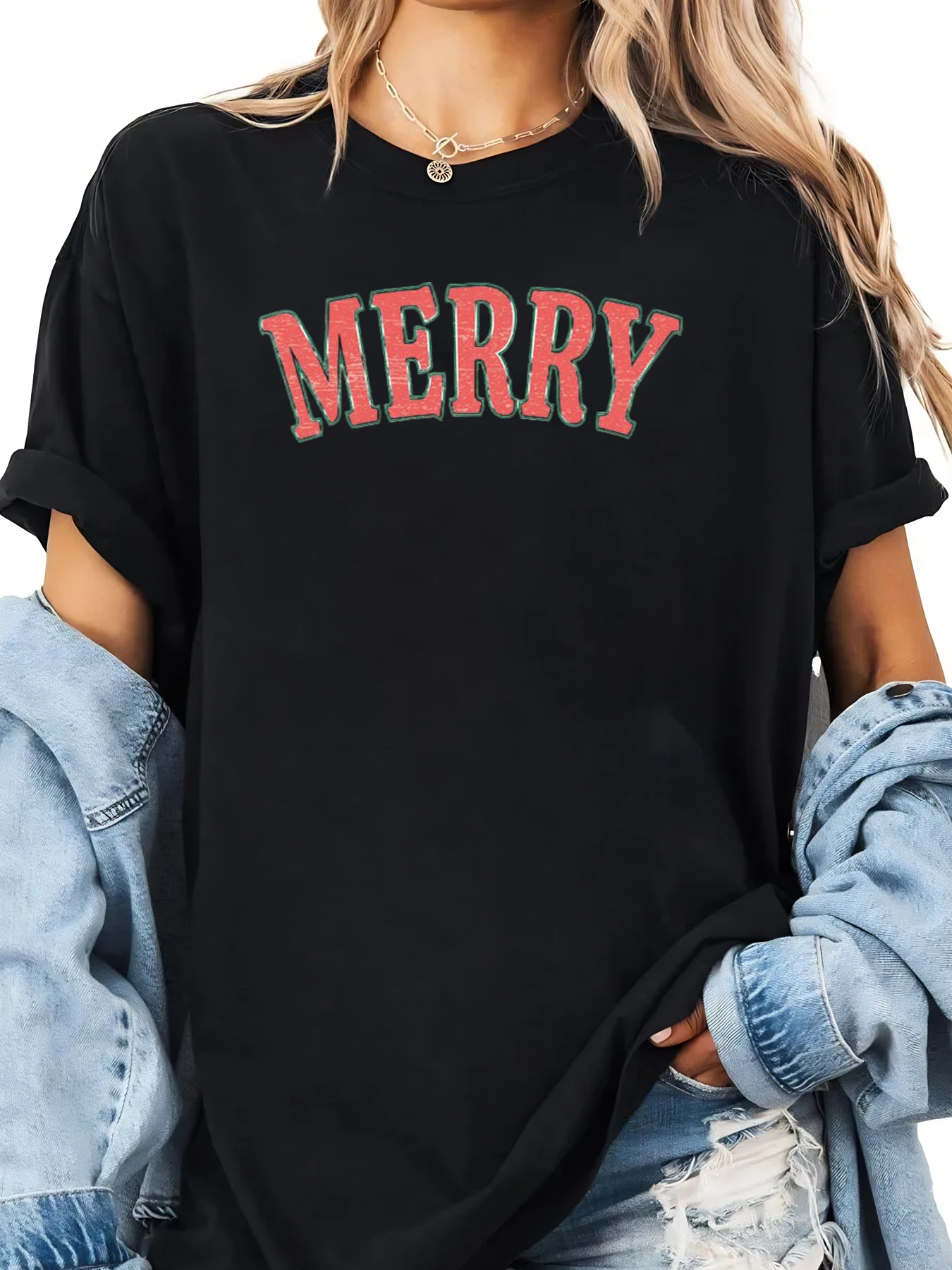 T-Shirt surdimensionné imprimé joyeux noël pour femmes, tenue de vacances décontractée, noir, grande taille