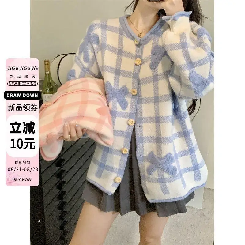 

Свитер, трикотаж, женский вязаный кардиган больших размеров с длинными рукавами, свободная посадка, осенняя клетчатая рубашка, милый топ большого размера для пышных девушек