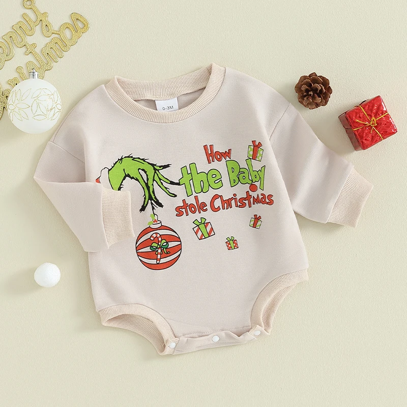 Vakantie-jumpsuit voor baby's met feestelijke print en vlinderdetail Baby-rompertje met lange mouwen en ronde hals voor kerstkostuum